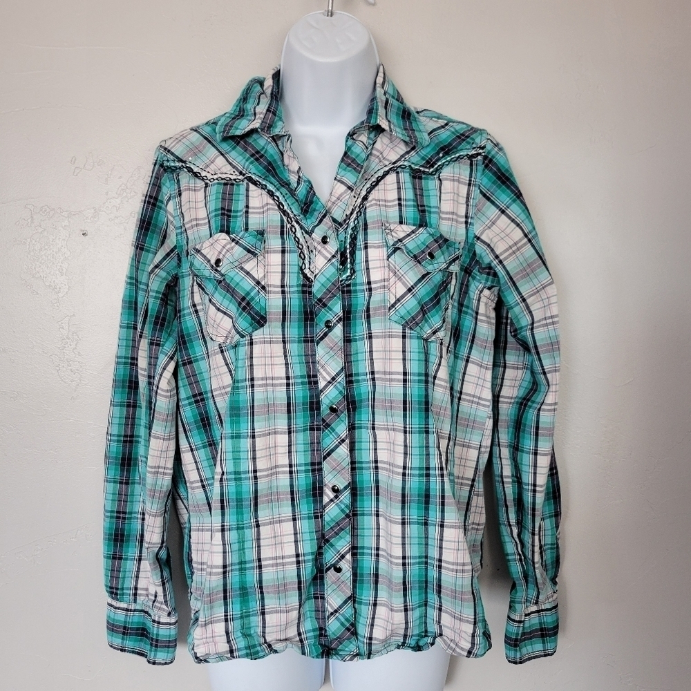 Cowgirl Legend Women's Medium Turquoise Blue White Plaid Long Sleeve Shirt Top